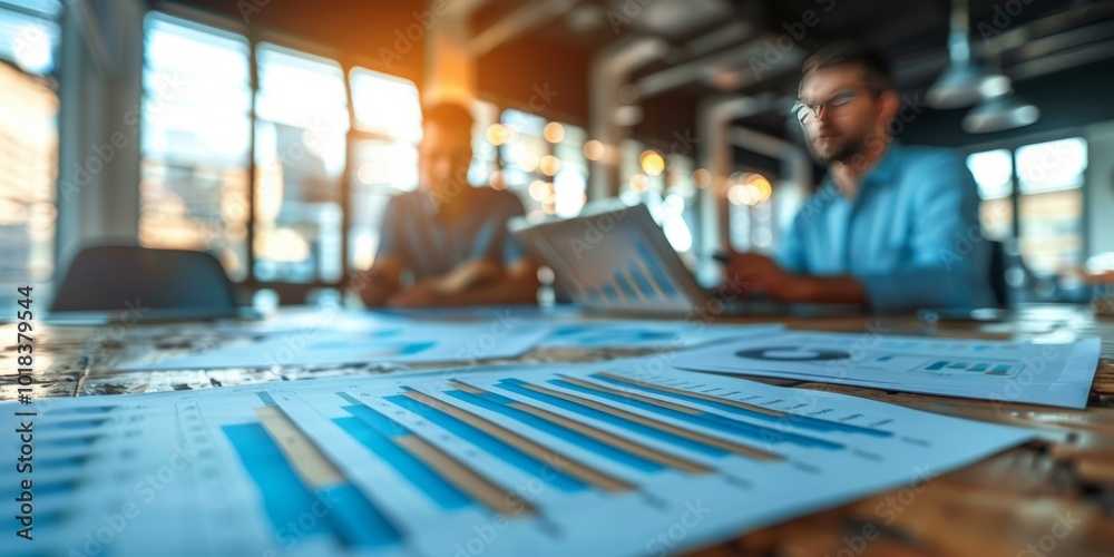 Business meeting with focus on financial charts and reports on a table Business meeting with focus on financial charts and reports on a table