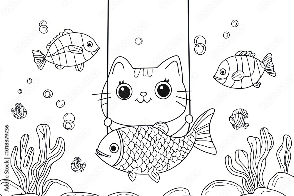 Fototapeta premium Cute Cat Hanging On Fish, coloring page for kids, line art.