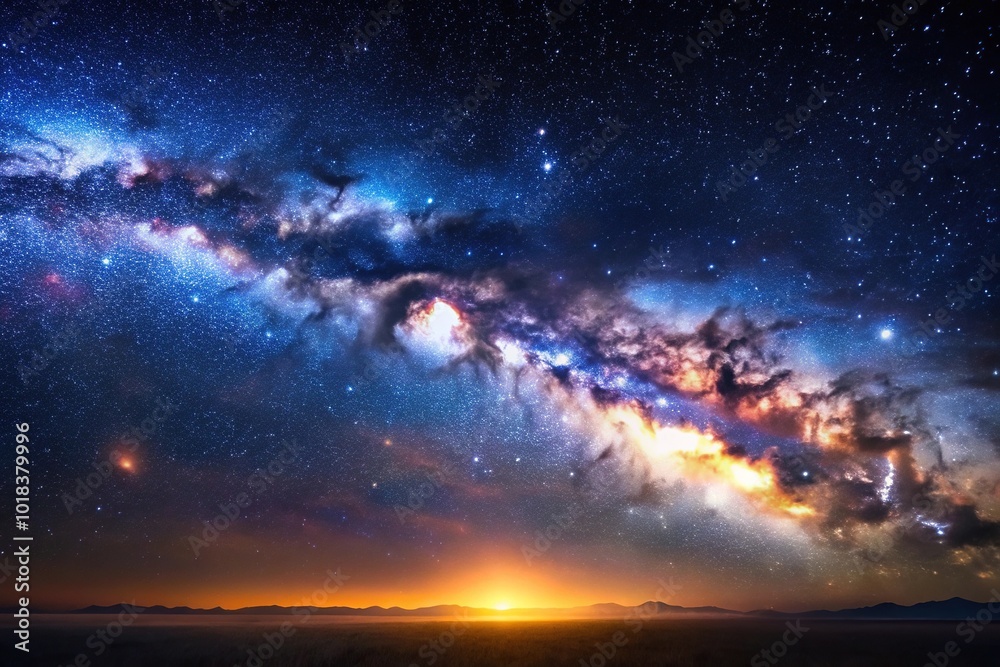 Fototapeta premium Night shining starry sky blue space background with stars cosmos Panoramic