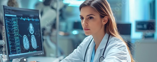 Hospital scene with a female doctor working on cybersecurity projects on her computer.