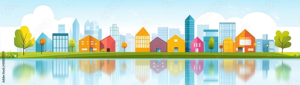 Fototapeta premium Innovation in architecture, flat design, front view, modern city theme, water color, complementary color scheme