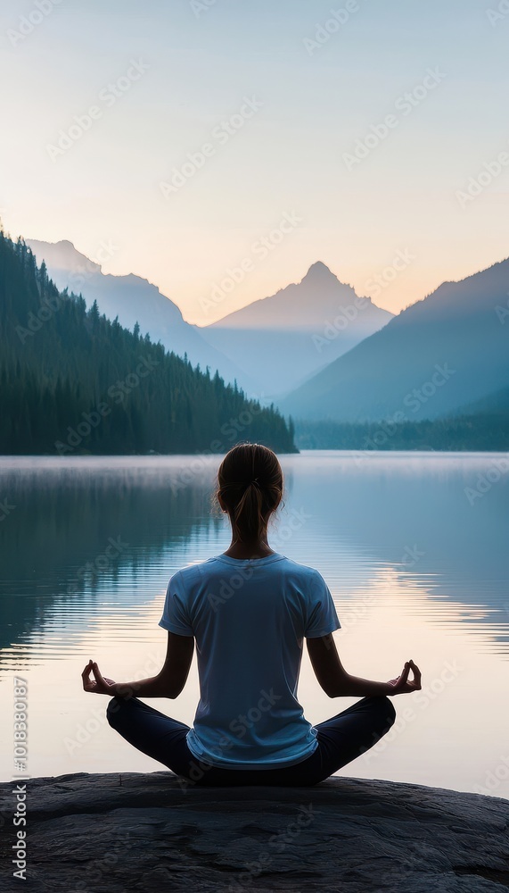 Person meditating by serene lake, surrounded by mountains during sunrise. Person meditating by serene lake, surrounded by mountains during sunrise.