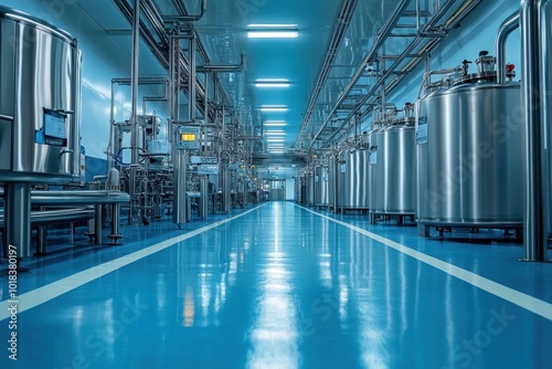 A long, sterile hallway in a modern factory with stainless steel equipment on either side, illuminated by bright lights.