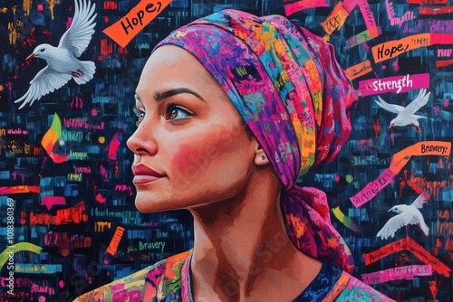 A powerful portrait of a female warrior suffering from cancer, with shaved head, wearing a colorful scarf or cap. Surrounded by inspirational symbols - ribbons, doves and the words “Hope”, “Strength”