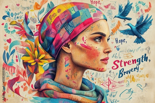 A powerful portrait of a female warrior suffering from cancer, with shaved head, wearing a colorful scarf or cap. Surrounded by inspirational symbols - ribbons, doves and the words “Hope”, “Strength”