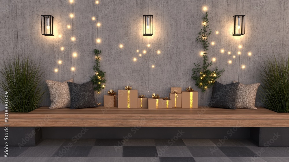 Fototapeta premium A rustic wooden bench adorned with pillows and lanterns is elegantly placed against a grey wall, surrounded by gift boxes and lush Christmas trees, creating a warm atmosphere