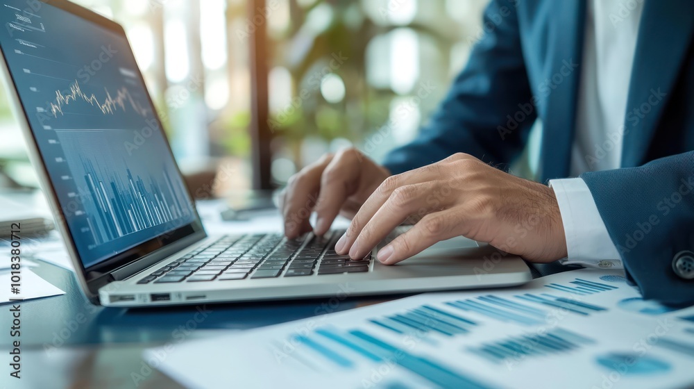 A businessman working on his laptop, analyzing data and graphs, with documents spread out on the desk. A businessman working on his laptop, analyzing data and graphs, with documents spread out on the desk.
