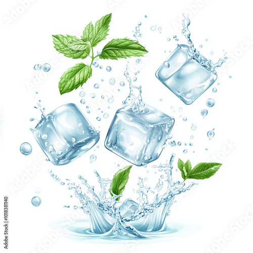 Refreshing Minty Drinks: Clean Water With Ice Cubes, Mint Leaves, And Bubbles. Various Mint Flavors Like Spearmint, Peppermint, And Mojito In 3d  Cubes. photo