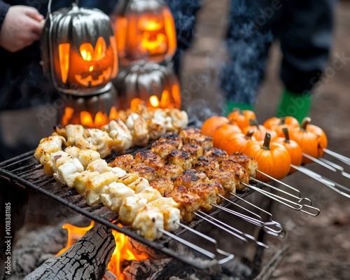 A haunted house-themed BBQ with bat-shaped burgers jack-o-lantern fries photo