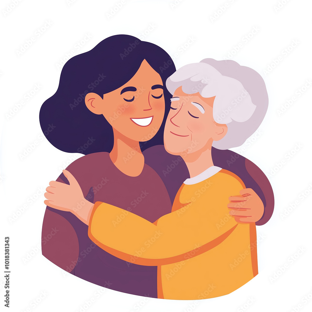 Loving Care: Young Woman Supports Elderly Mother With Dementia. Adult Daughter Provides Aid And Protection For Senior Female Patient. Concept  Illustration.
