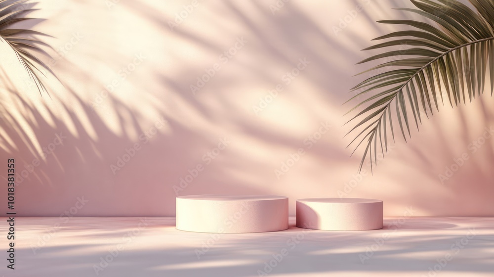 Two empty cylindrical podiums on a pastel pink background with palm tree shadows. Two empty cylindrical podiums on a pastel pink background with palm tree shadows.