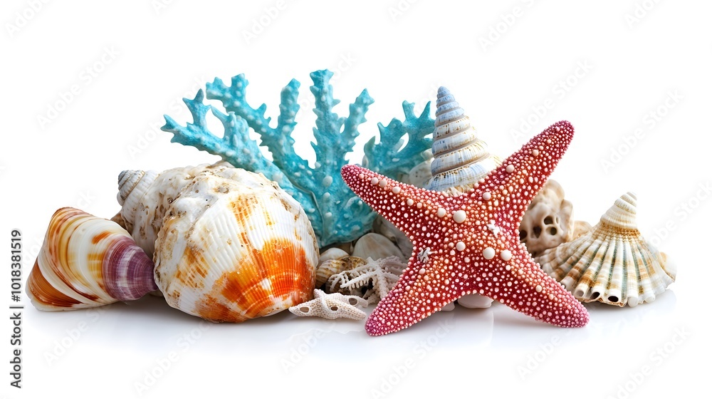Seashells and Starfish on White Background