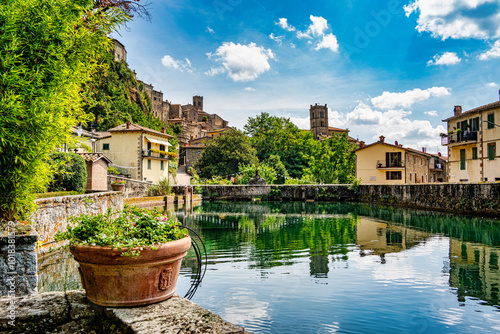 View of the medieval village of Santa Fiora Tuscany Italy from the Peschiera a fifteenth-century reservoir created to collect the river water photo