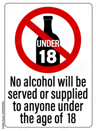 No alcohol  will be served or supplied to anyone under the age of 18. Ban sign with bottle symble and text below.