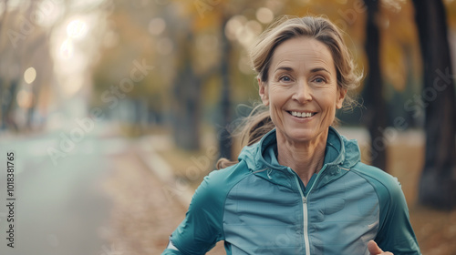  Middle-aged woman running outdoors, vibrant and attractive healthy slim female enjoying jogging and exercise, smiling while maintaining fitness on urban streets in good weather.