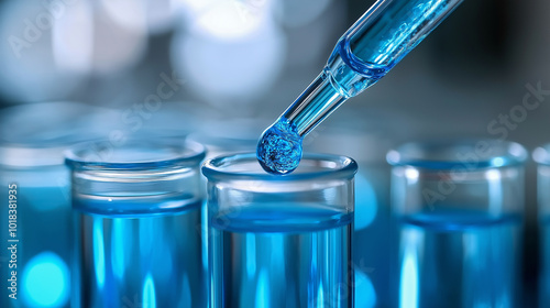 Pipette adding blue fluid to one of several test tubes ,drop, close up.