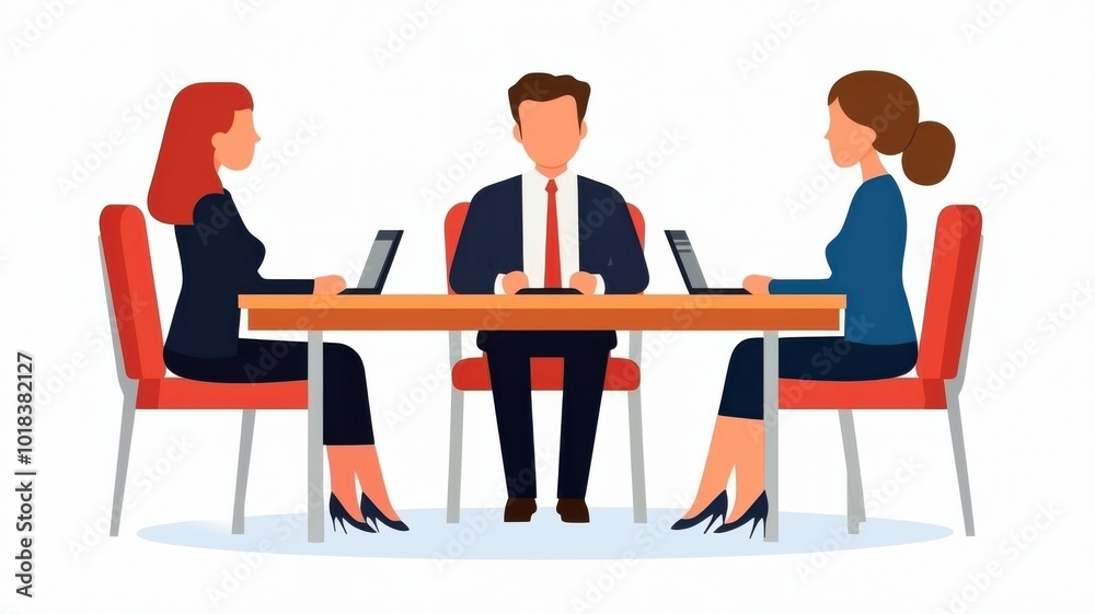 A business meeting scene featuring two women and a man seated at a table with laptops, engaged in discussion or negotiation. A business meeting scene featuring two women and a man seated at a table with laptops, engaged in discussion or negotiation.