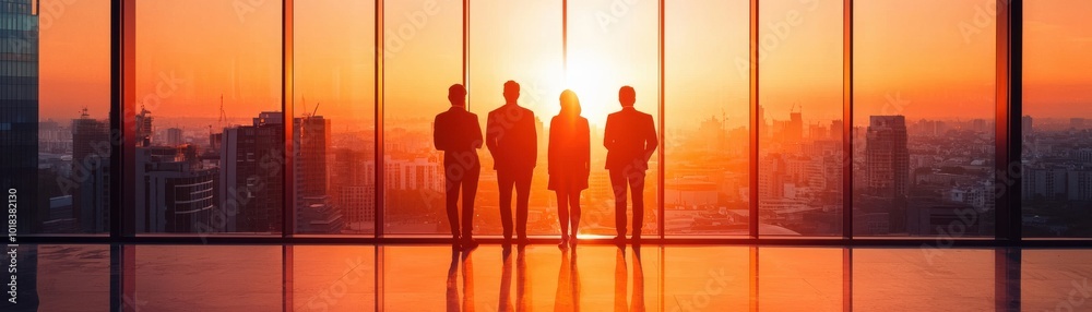 Silhouettes of four people against a stunning sunset view through large glass windows, evoking themes of partnership and opportunity. Silhouettes of four people against a stunning sunset view through large glass windows, evoking themes of partnership and opportunity.