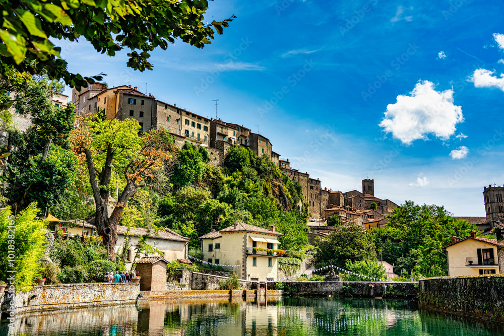 Obraz premium View of the medieval village of Santa Fiora Tuscany Italy from the Peschiera a fifteenth-century reservoir created to collect the river water