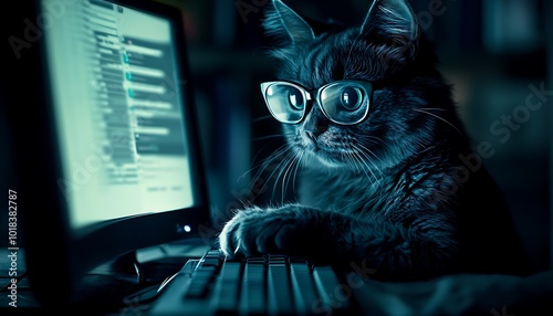 Humorous image of a cat hacker at a computer, symbolizing tech fraud in a dark setting.