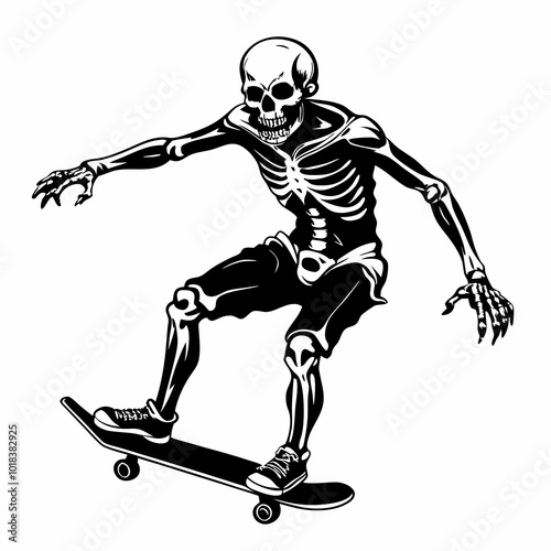 Skeleton playing skateboard image vector silhouette isolated on white background.