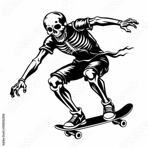 Skeleton playing skateboard image vector silhouette isolated on white background.