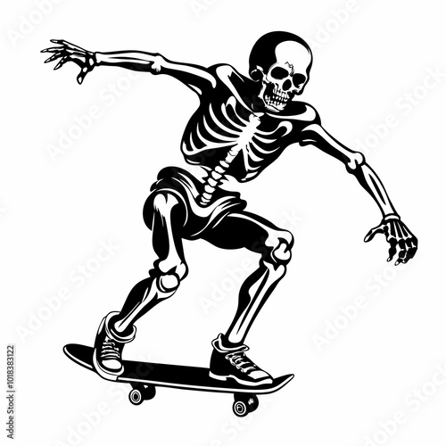 Skeleton playing skateboard image vector silhouette isolated on white background.