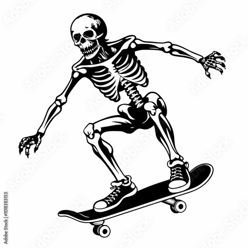 Skeleton playing skateboard image vector silhouette isolated on white background.