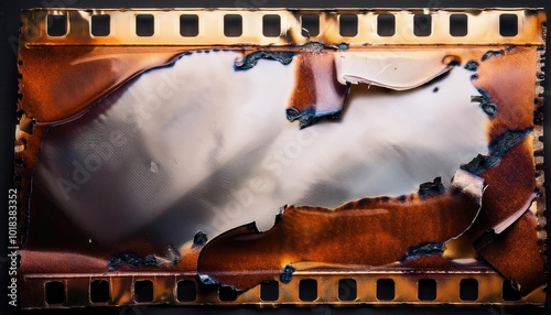 Damaged Vintage Film Strip with Burnt Edges and Degraded Texture Depicting the Fragility and Decay of Analog Media in a Digital Age photo