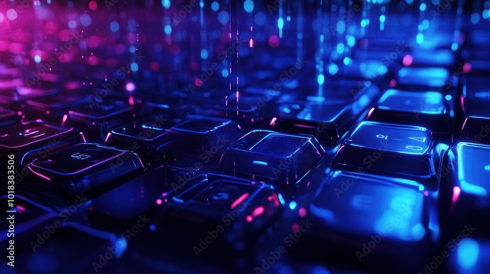 Obraz premium Digital 3d neon keyboard, with hexagonal pattern, AI generated image