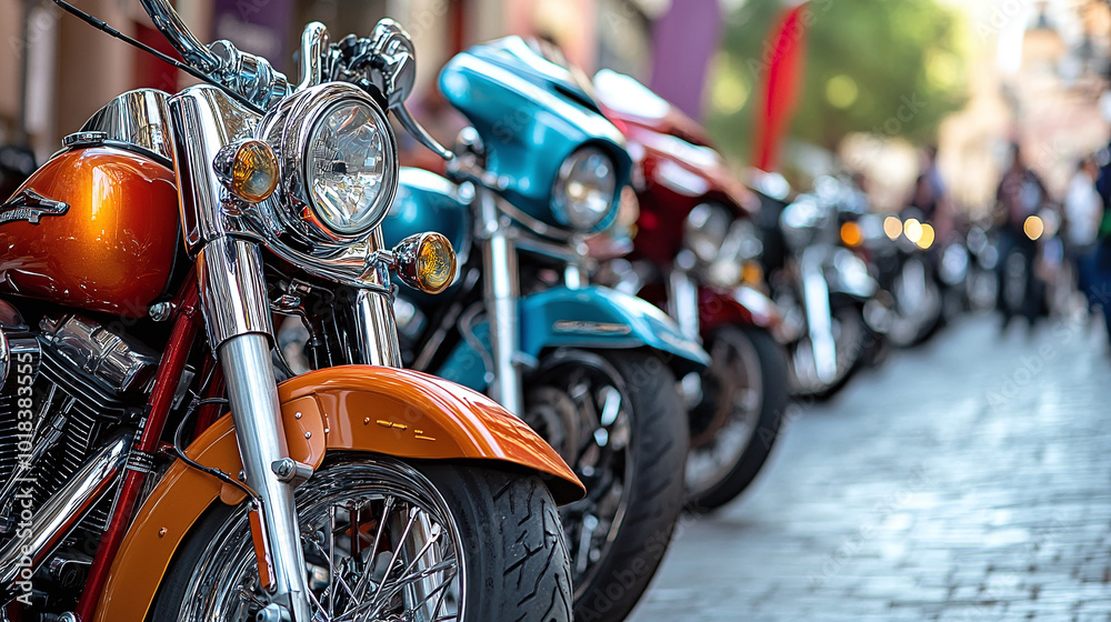 A vibrant motorcycle rally features a lineup of vintage motorcycles, with bikers in leather jackets and colorful banners adding to the festive atmosphere of the event A vibrant motorcycle rally features a lineup of vintage motorcycles, with bikers in leather jackets and colorful banners adding to the festive atmosphere of the event