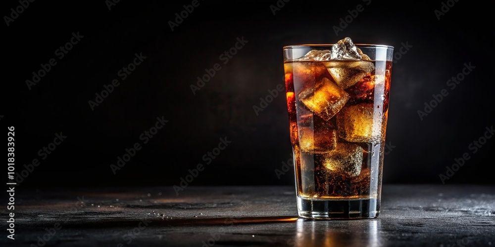 Glass of cola with ice on a black background