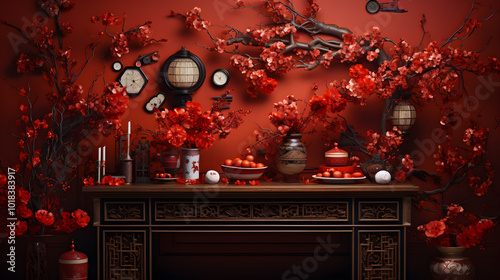 elegant Chinese New Year celebration set against  luxurious red background. adorned with auspicious decorations and stylish elements perfect for virtual events, festive wallpapers or studio use