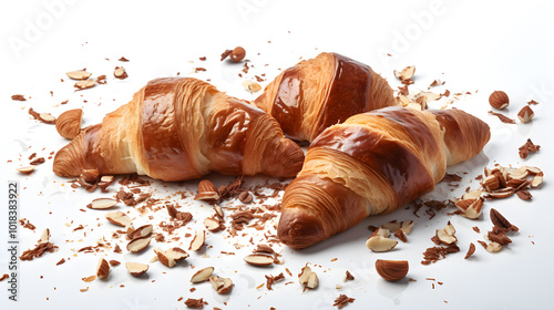 Freshly baked golden croissants  and beans honey topping on white background
