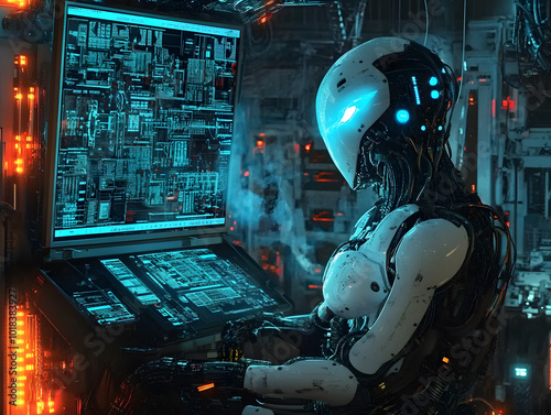  Ai robots take center stage in the future world, skillfully writing programs and designing diagrams on computers of cyber technology in the workplace.
