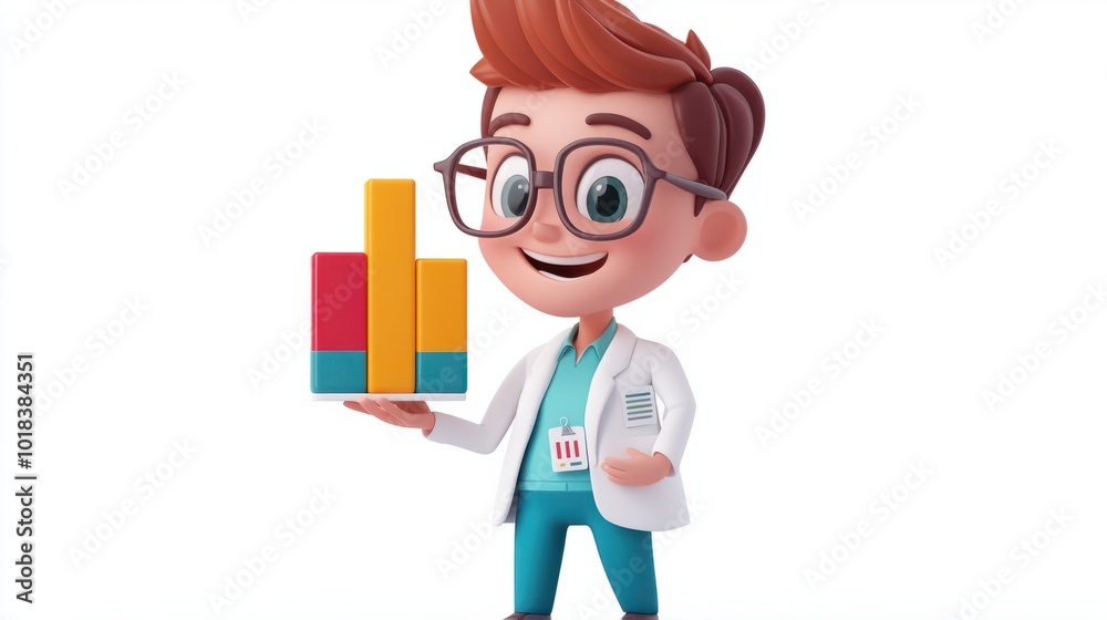 Adorable data analyst cartoon character holding a bar graph and smiling, isolated on white Adorable data analyst cartoon character holding a bar graph and smiling, isolated on white