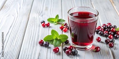 Glass of cranberry and black currant juice on white wooden background photo