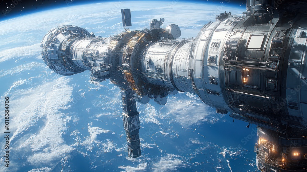 A futuristic space station orbits the Earth, showcasing the beauty and vastness of our planet.