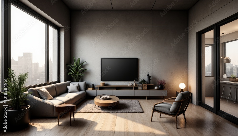 Fototapeta premium A modern living room with a large window overlooking the city