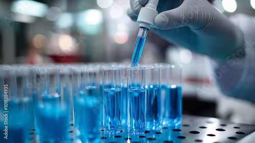 Pipette adding blue fluid to one of several test tubes ,close up.