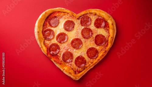 Heart shaped pepperoni pizza isolated on red background. Tasty fast food. Delicious snack.