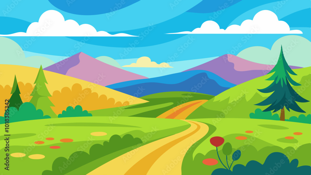 Obraz premium Nature landscape with a winding dirt road leading through rolling green hills vector illustration 