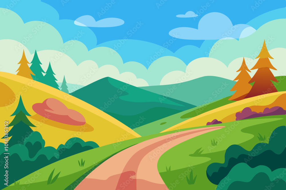 Nature landscape with a winding dirt road leading through rolling green hills vector illustration Nature landscape with a winding dirt road leading through rolling green hills vector illustration