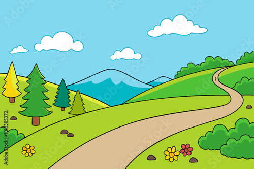 Nature landscape with a winding dirt road leading through rolling green hills vector illustration 