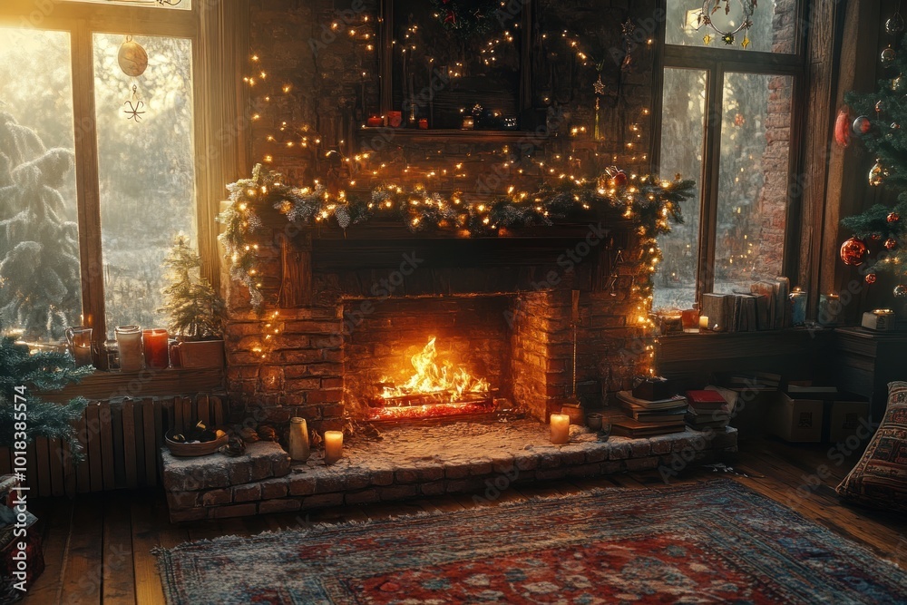 Cozy Christmas living room with fireplace, decorated with garland, string lights, and gifts. Cozy Christmas living room with fireplace, decorated with garland, string lights, and gifts.