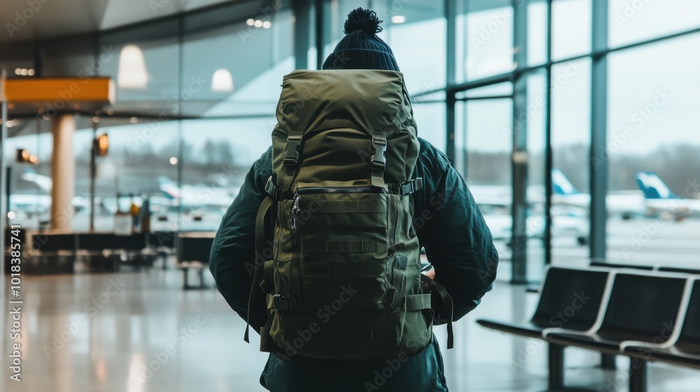 Backpack at the airport, with a person checking the flight schedule, capturing the essence of travel Backpack at the airport, with a person checking the flight schedule, capturing the essence of travel