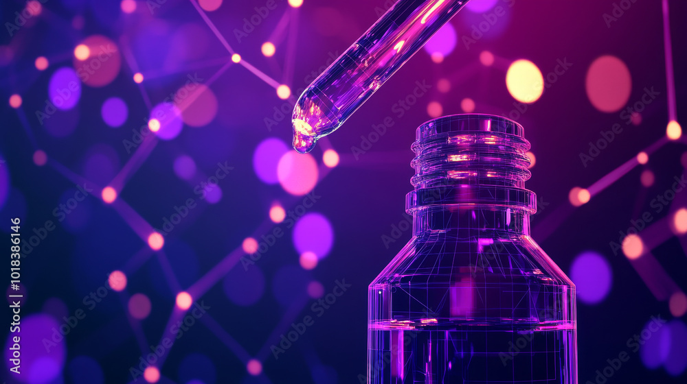 A glowing, geometric drop of essential oil falls from a dropper into a cosmetic bottle. This futuristic image represents aromatherapy and natural healing.low poly wireframe. A glowing, geometric drop of essential oil falls from a dropper into a cosmetic bottle. This futuristic image represents aromatherapy and natural healing.low poly wireframe.