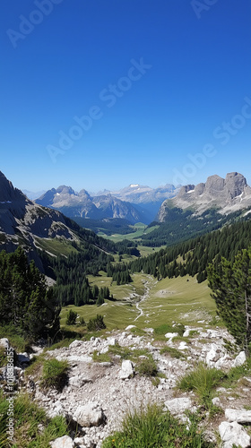 view from top on green valley with mountains and clear blue sky, phone wallpaper background