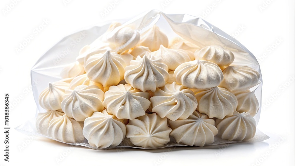 French white meringues in a cellophane bag isolated on white background Low Angle French white meringues in a cellophane bag isolated on white background Low Angle
