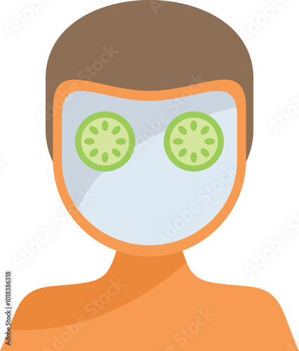 Man is enjoying a facial treatment with a cucumber mask, promoting relaxation and skincare